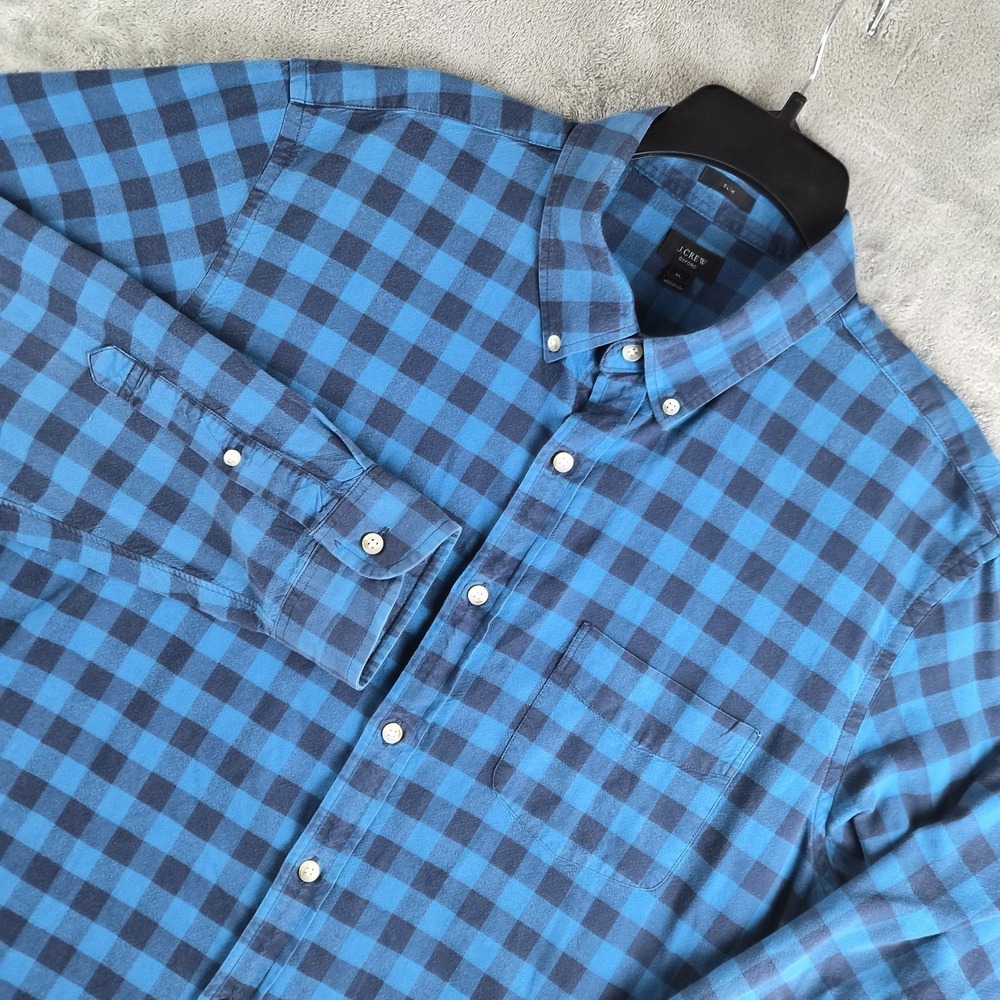 J Crew Oxford Shirt Men XL Blue Buffalo Check Plaid Slim Fit Flannel Workwear